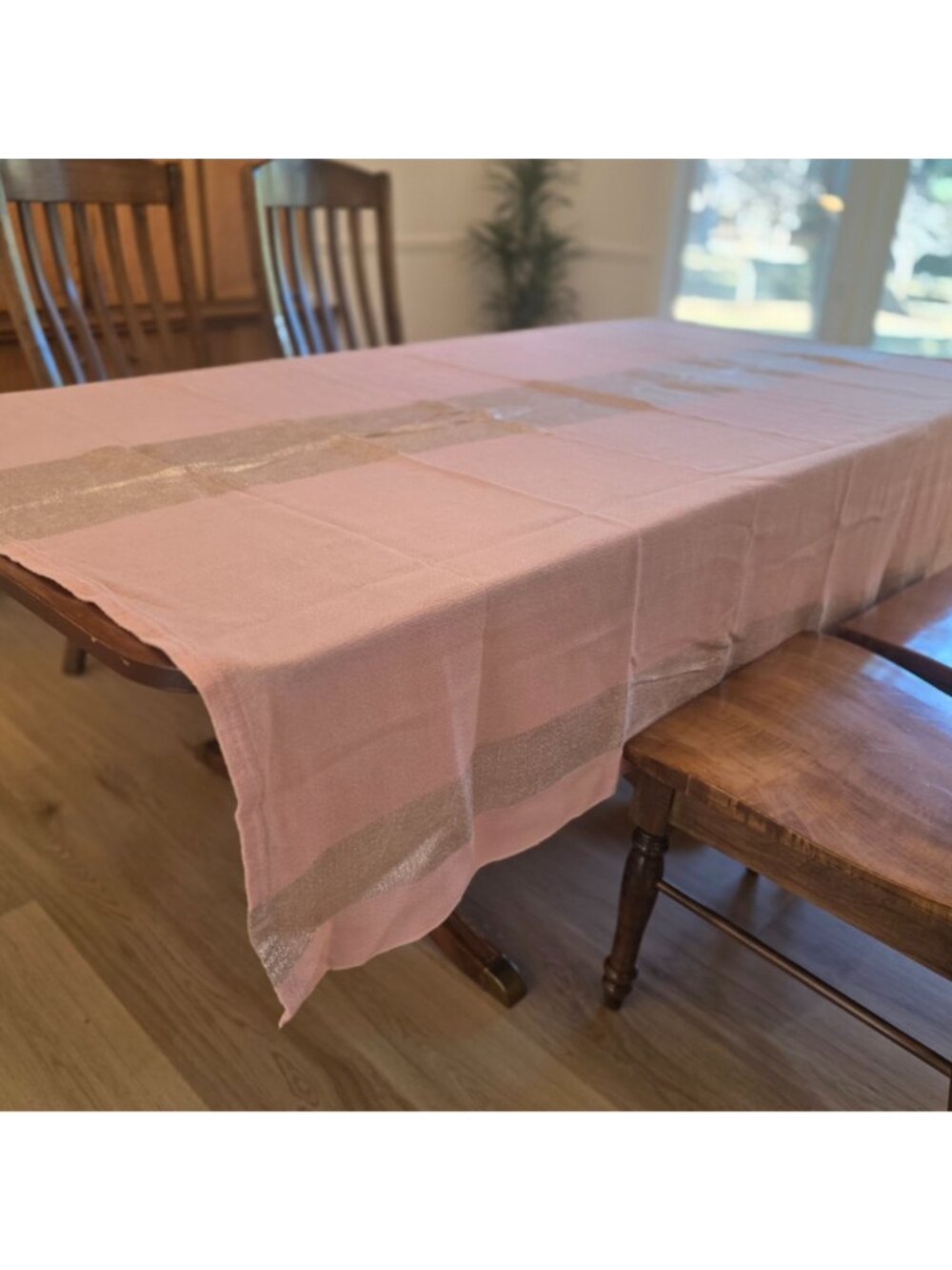 MCM 1950s Pink Woven Tablecloth & 6 Napkins Metallic Gray Accent Barbie Decor - Picture 7 of 10